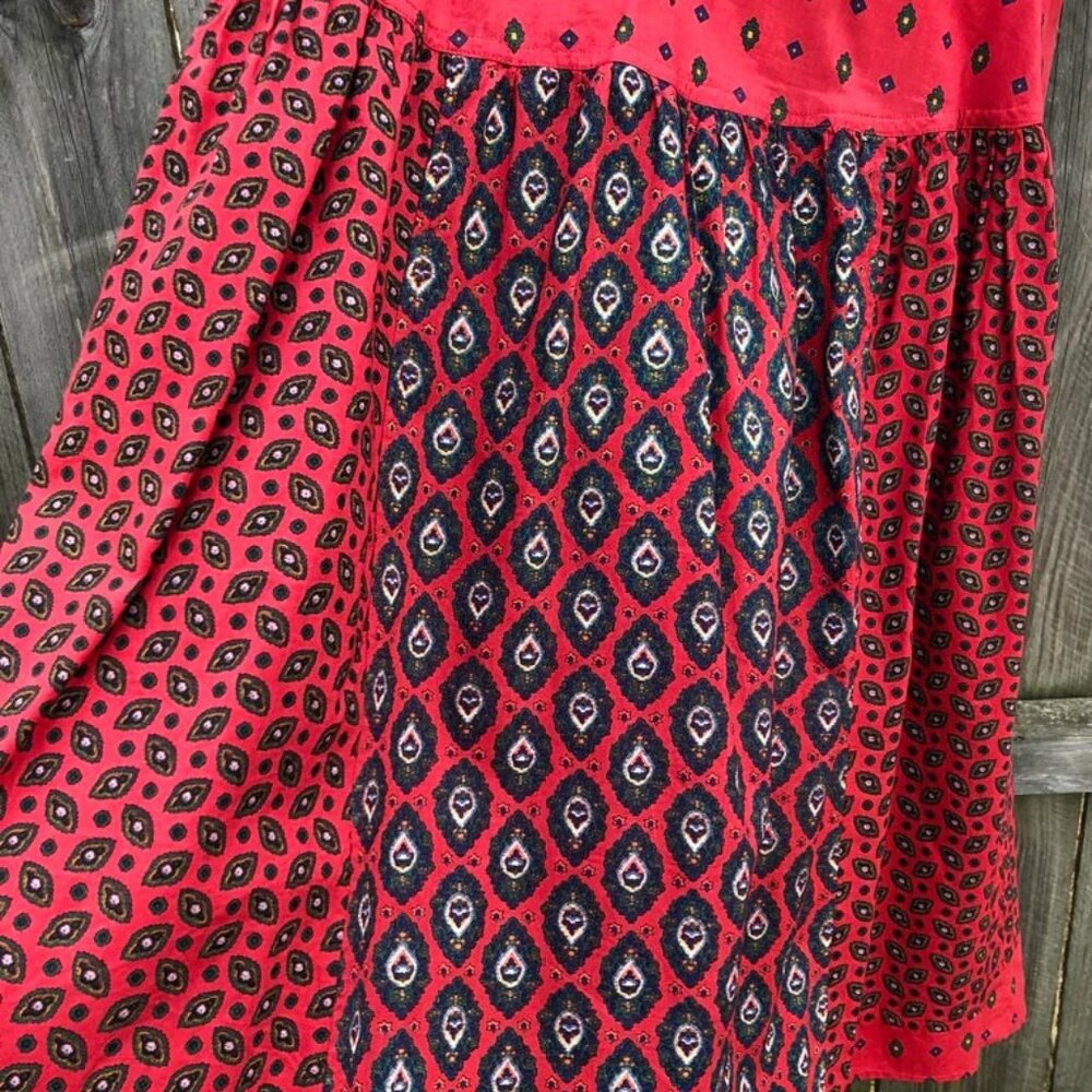 Vintage 60s Designer Boussac France Red Geometric A-Line Full Skirt Boho 6 8 M